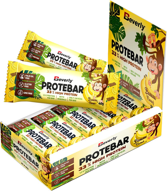 Beverly PROTEBAR 33% Proteína | Barrita 40 Gr | Baja En Calorías Y Alta En Proteínas | Sin Azúcares Añadidos | Recuperación Muscular, Energía Y Fuerza (24 BARS, BANANA)
