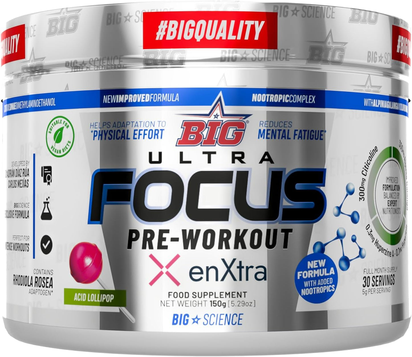 BIG - Pre Entreno Gimnasio - 30 Tomas - Pre Workout Potente Con Nootropicos - Pre Entreno Fuerte Con 300 Mg Cafeina - Aumenta La Concentración Y Reduce La Sensación De Fatiga (150G, Acid Lollipop)