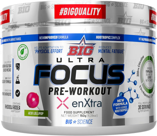 BIG - Pre Entreno Gimnasio - 30 Tomas - Pre Workout Potente Con Nootropicos - Pre Entreno Fuerte Con 300 Mg Cafeina - Aumenta La Concentración Y Reduce La Sensación De Fatiga (150G, Acid Lollipop)