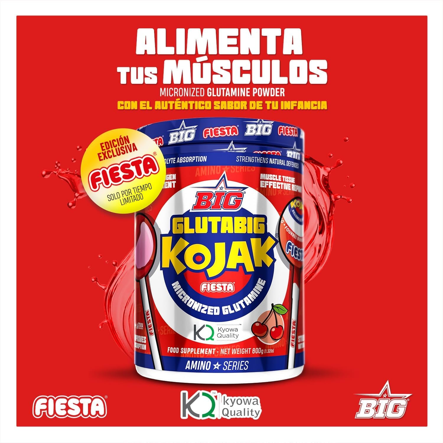 BIG - Glutamina - L Glutamina Micronizada Kyowa® Para Recuperación Muscular - L-Glutamina Kyowa ® - L-Glutamina Materia Prima Premium Con Sabores Exclusivos - 3 Meses De Suministro (600G, Sabor Kojak)