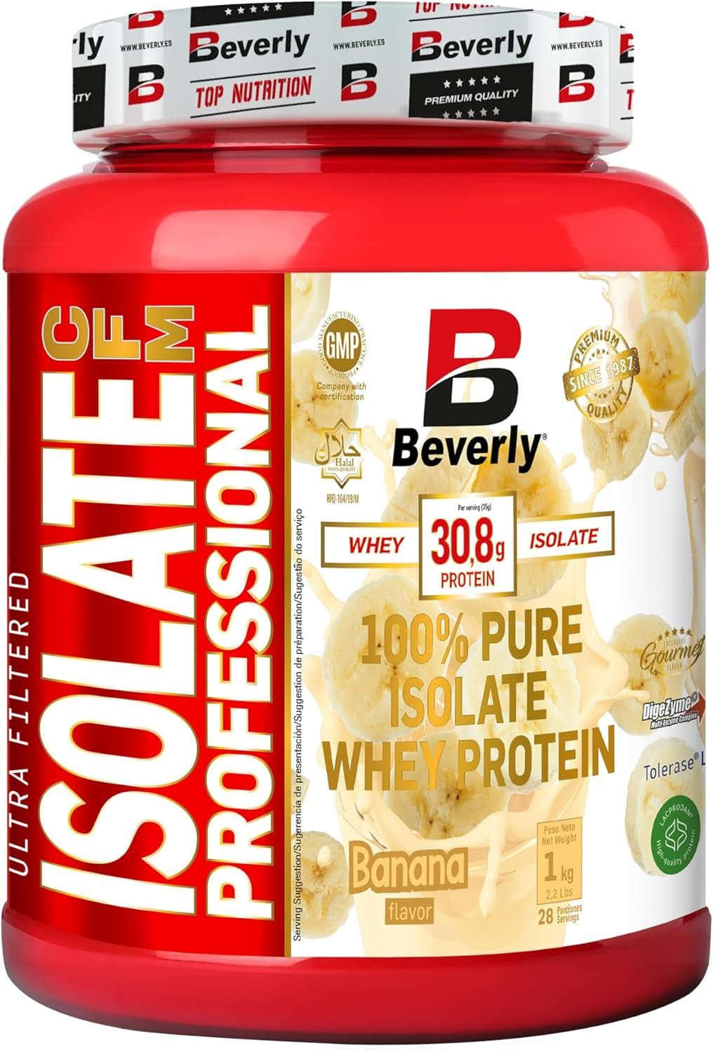 Beverly Isolate CFM - Aislado De Proteína De Suero Lacprodan - 1 Kg - 30 G De Proteína Por Porción - 29 Servicios - Tonifica Y Aumenta La Masa Muscular - Sabor (1 KG, BANANA)