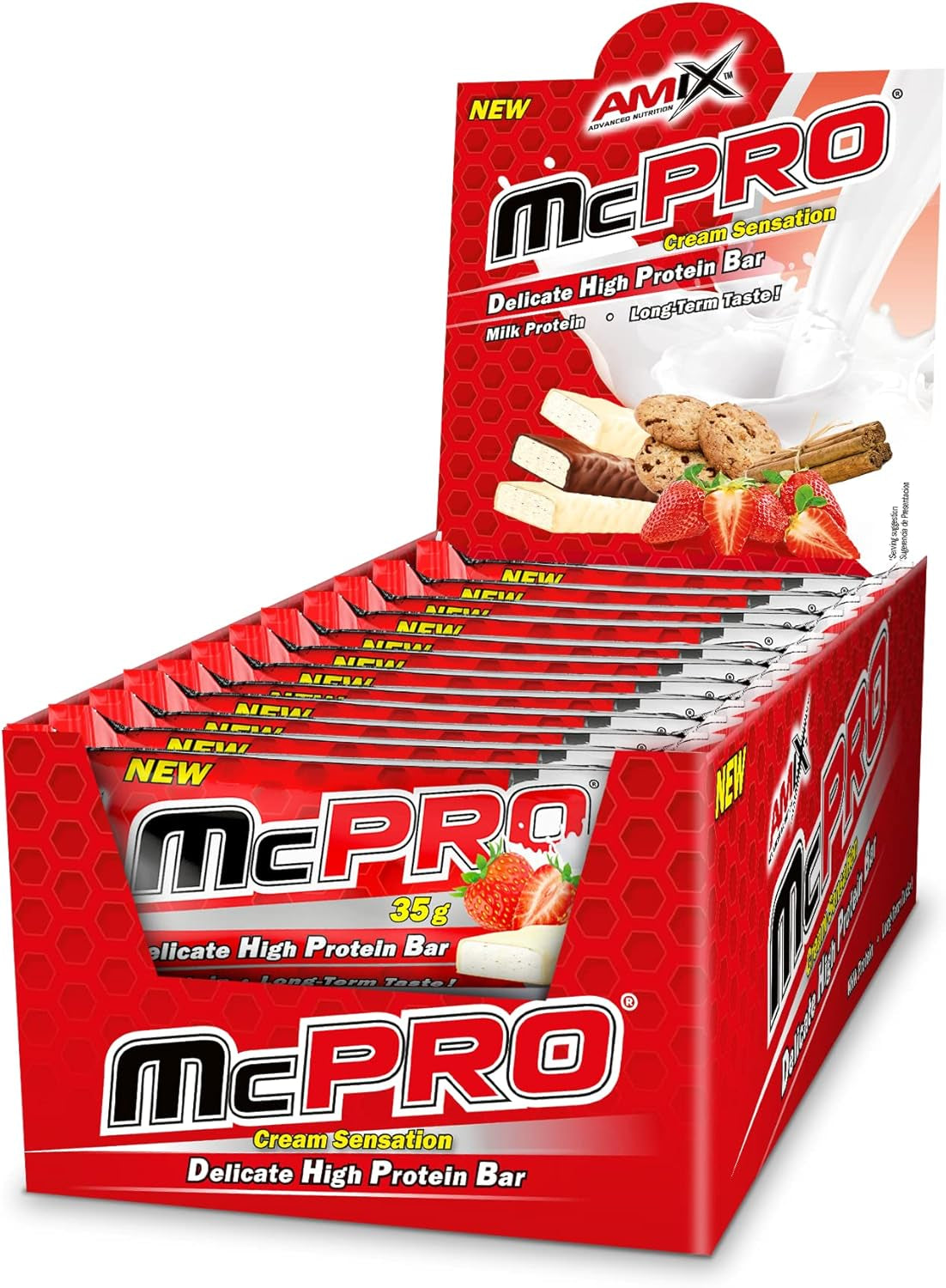 AMIX - Barritas De Proteína Mcpro - 24 X 35 G - Aumenta La Energía Y Conserva La Masa Muscular - Snack Saludable Con Alto Contenido En Proteínas - Sabor Galleta Y Crema